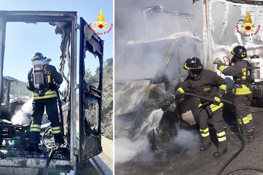 Autocarro in fiamme sulla 131 Dcn, intervengono i Vigili del Fuoco di Siniscola 2 Incendio autocarro 131 siniscola
