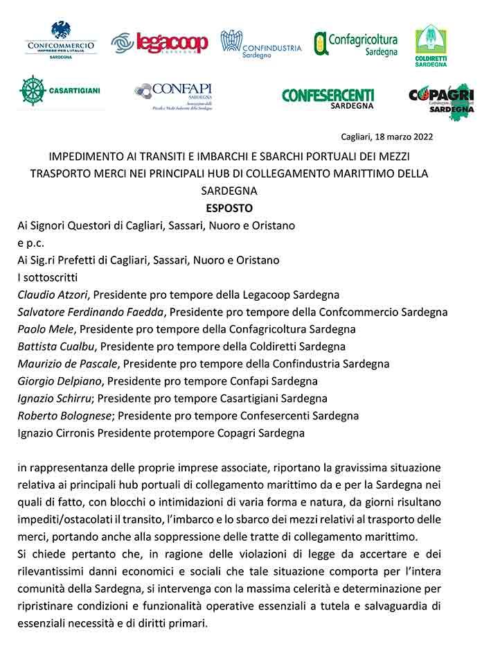 Blocco dei porti, esposto delle imprese: «Gravi danni economici e sociali alla Sardegna» 2 Esposto Questure blocco transiti portuali Associazioni Imprenditoriali 1 1