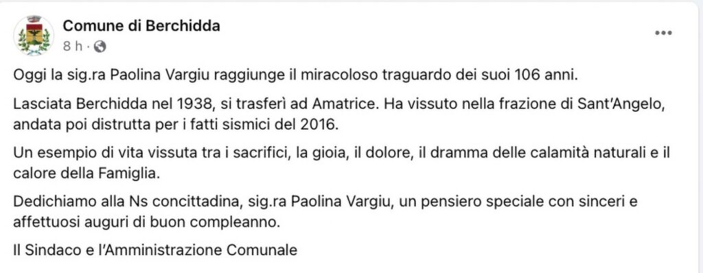 Psto Paolina Vargiu centenaria Berchidda