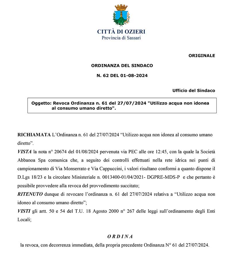 Ozieri, l'acqua è di nuovo potabile 3 Ordinanza a cqua Ozieri