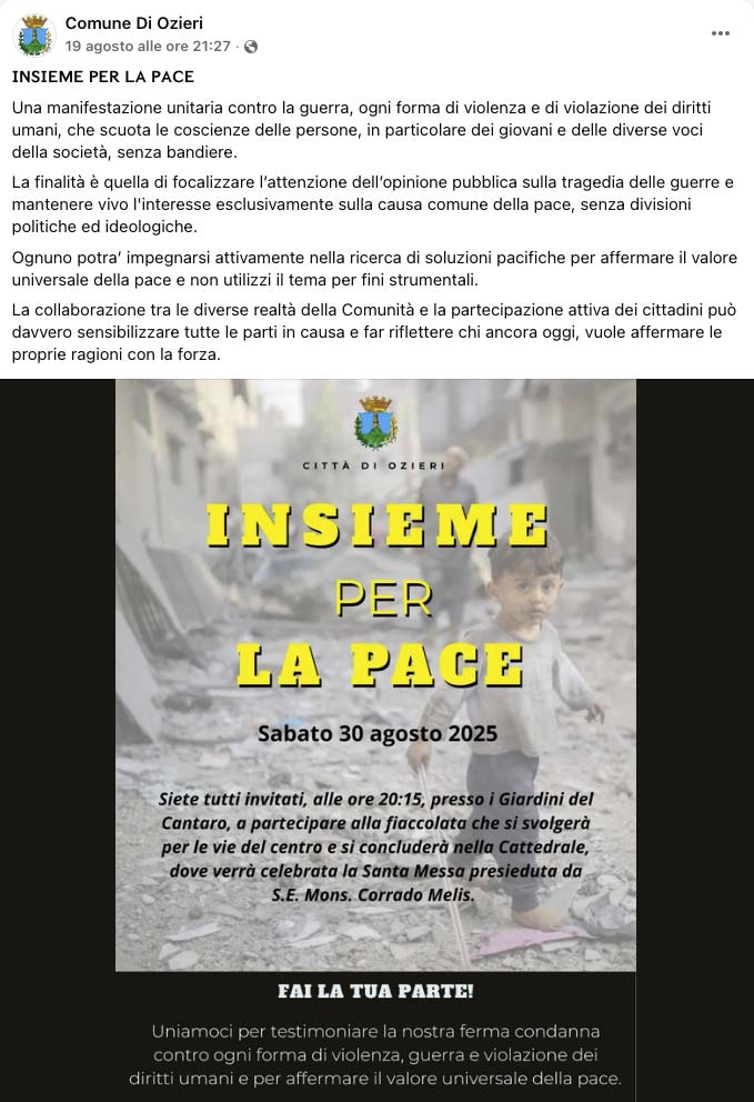 «Non parteciperò alla manifestazione “Insieme per la pace”» organizzata a Ozieri 2 Insieme per la pace