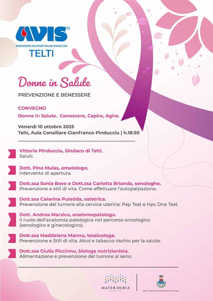 Telti si tinge di rosa con il progetto dell'Avis "Donne in salute" 2 Locandina Convegno Donne in Salute. Conoscere Capire Agire