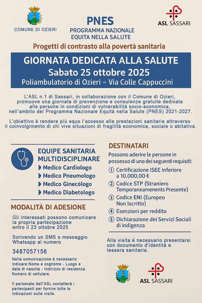 Ozieri, consulenze e visite mediche specialistiche gratuite sabato 25 ottobre al Poliambulatorio 3 locandina Giornata salute ozieri