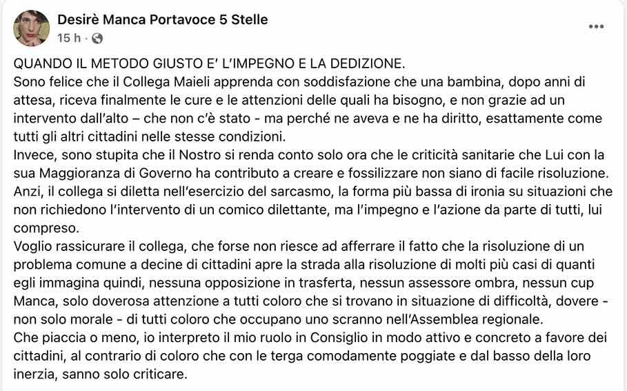 Maieli (FI) replica all'assessora regionale Manca: «Meglio dilettante che inconcludente» 2 Post Desire Manca