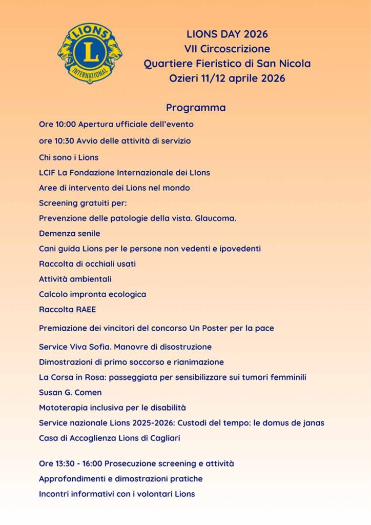 Lions Day 2026, alla Fiera di Ozieri una giornata tra solidarietà, prevenzione e informazione 3 PROGRAMMA LIONS DAY 11 12 APRILE 2026 OZIERI